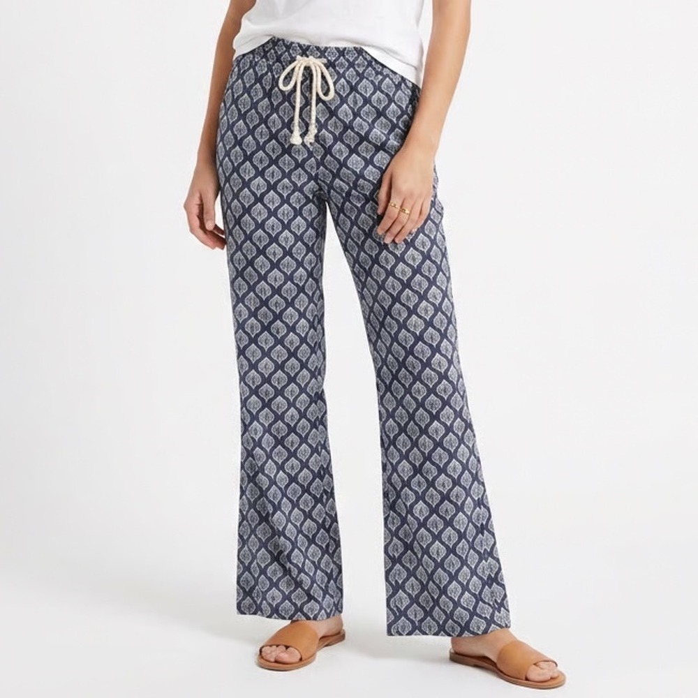 Roxy Navy Blue Geometric Print Linen Blend Wide Leg Drawstring Beach Pants M